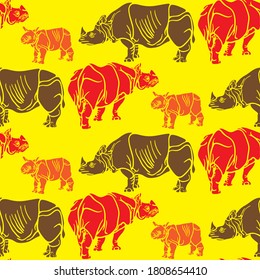 The various postures of the animals life and retro style. Animals illustration, shape line art, Vector rhinoceros.