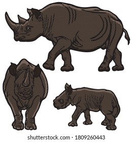 The various postures of the animals life and retro style. Animals illustration, shape line art, pattern and vector rhinoceros.