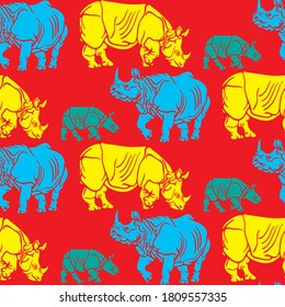 The various postures of the animals life and retro style. Animals illustration, shape line art, pattern and vector rhinoceros.