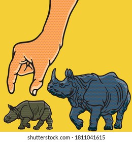 Las diferentes posturas de la vida animal y el estilo retro. Ilustración de animales, arte de línea de forma, patrón y rinocerontes vectoriales.