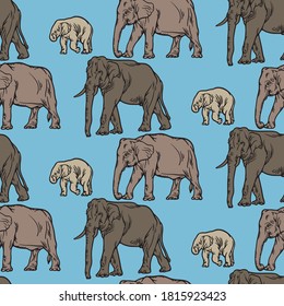 The various postures of the animals life and retro style. Animals illustration, shape line art, pattern and vector elephants.