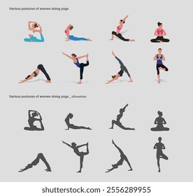 Various postures, silhouettes of women doing yoga. 