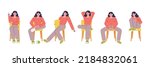 Various postures of a woman sitting on a chair. flat design style vector illustration.