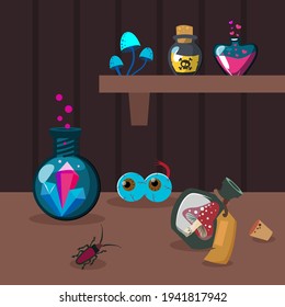 Various potion ingredients on brown background. Crystal, poison, insect flat vector illustration. Witchcraft and alchemy concept for banner, website design or landing web page