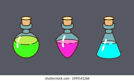 Various potions in cones, closed with corks. Isolated vector image in eps format.