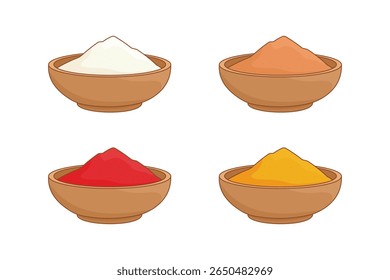 várias especiarias em pó em uma tigela, como farinha de trigo, pimentão em pó, curcuma em pó, canela em pó