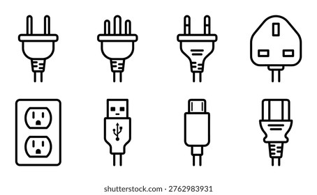 Various power plugs and electrical outlets vector line icons. different types of connectors and receptacles collection.