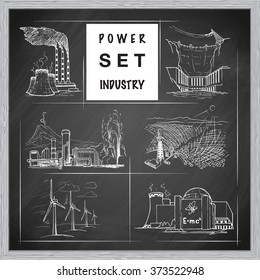 Various power stations. Illustration on environmental concerns of power industry. Set of icons. Sketch imitating chalk drawing on a blackboard. Sketch is on a separate layer. EPS10 vector illustration