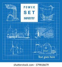 Varias centrales eléctricas. Ilustración sobre las preocupaciones ambientales de la industria energética.Conjunto de iconos. Esbozo imitando el plano. El esbozo está aislado en una capa independiente. Ilustración vectorial EPS10.