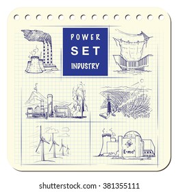 Various power stations. Illustration on environmental concerns of power industry. Set of icons. Sketch imitating ink pen scribbling in a notepad. EPS10 vector illustration.