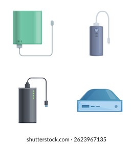 Various powerbank icons set cartoon vector. Modern power bank device. Portable charger
