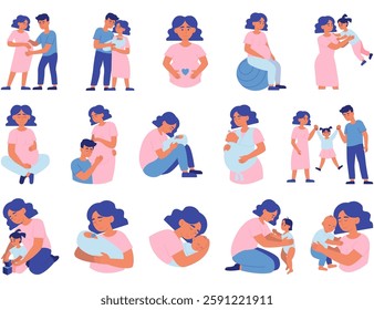 Various pregnancy and motherhood stages. Dad and mom with newborn baby. Young parents with growing child scenes. Hand drawn cartoon characters. Happy family concept. Flat style vector illustration.