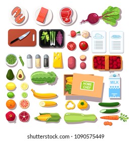 Various Pre-portioned Ingredients And Recipes Meal Kit. Groceries, Meat, Fish, Vegetables, Fruits, Spices Set. Meal Kit Delivery Service. Flat Vector Illustration Isolated On White Background