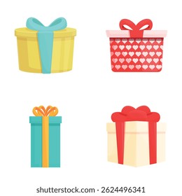 Various present icons set cartoon vector. Colorful gift box with ribbon. Surprise, festive event