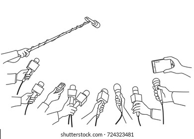 Various press reporter hands with microphones and recorder in press interview. Politics, business, press interview, news, concept. Outline, linear, thin line, hand drawn sketch design, simple style.