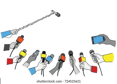 Various press reporter hands with microphones and recorder in press interview. Politics, business, press interview, news, concept. Outline, linear, thin line art, simple color design.