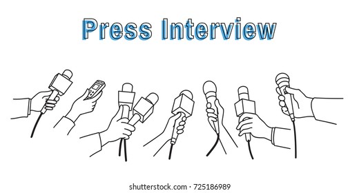 Various press reporter hands with microphones and recorder in press interview. Politics, business, press interview, news, concept. Outline, linear, thin line art, hand drawn sketch design.