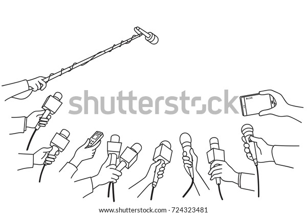 Various press reporter hands with microphones and\
recorder in press interview. Politics, business, press interview,\
news, concept. Outline, linear, thin line, hand drawn sketch\
design, simple style.