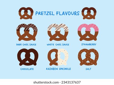 Various pretzel flavours such as chocolate, strawberry, white choc and salt for menu decoration, sweet dessert recipe, baking book, cafe and restaurant, banner, icon, logo, ads, social media post, etc