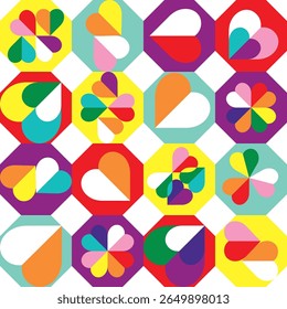 various pride color octagon with the heart inside seamless pattern. Octagon various color repeated texture.