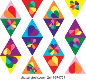 various pride color triangle with the heart inside seamless pattern. triangle various color repeated texture.