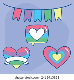 various Pride heart decorations, including a heart in a speech bubble and a heart with a banner, accompanied by a festive hanging banner, all set against a soothing purple background.