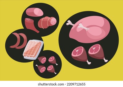 various processed beef and chicken dishes vector illustration