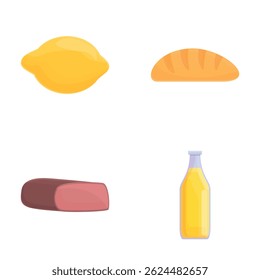 Various product icons set cartoon vector. Bread, meat, fruit juice and lemon. Nutrition concept