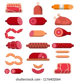 Various products of butcher shop. Vector flat illustrations of meat. Butcher food, ham and sirloin