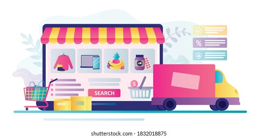 Various products in internet shop, online store showcase. E-commerce and fast delivery. Different goods in shopping trolley. Technology of shopping in online marketplace. Flat vector illustration