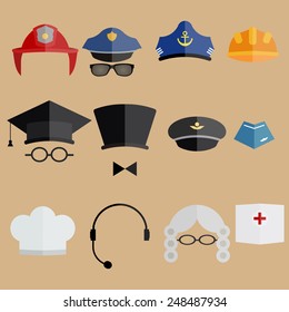 Various professional people hats - vector illustration. Judge wig, forage cap, service cap and other