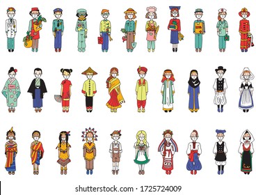 Various Professionals and Peoples in Traditional Costumes wearing protective Medical Masks. Big Doodles Set. Hand Drawn vector illustration.