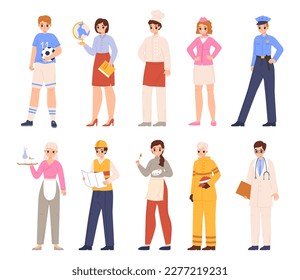 Various professions characters, doctor and construction, essential workers. Young adults in uniforms, different occupations. Cartoon snugly vector people