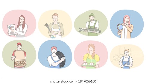 Various professions and occupation concept. People professional marketing specialist, artist, fish seller, geography teacher, pizza delivery man, tire worker, waitress, worker or repairman during work