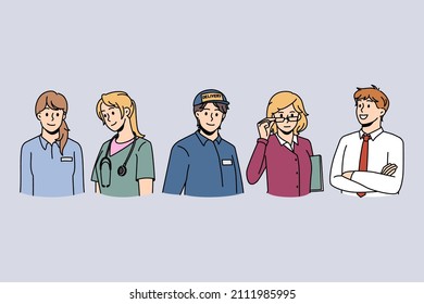 Various professions and specialisation concept. Group of young people working as manager doctor deliveryman teacher and businessman vector illustration