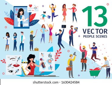 Various Professions Workers Life Scenes Trendy Flat Vector Set. Medical Specialists, Doctors, Businessman, Construction Workers, Handyman, Beauty Blogger, School Pupils Characters Illustrations