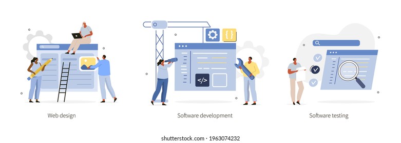 Various Programming And Coding Icons. Front End And Back End  Web Development Process. Web Design, Software Development And Testing Concepts. Flat Cartoon Vector Illustration.