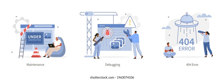 
Various Programming and Coding Icons. Under Construction, Debugging and 404 Error Concepts.  Characters working  in Software Development Industry. Flat Cartoon Vector Illustration.