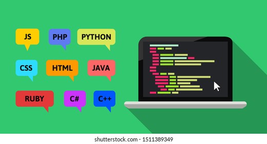 Various programming languages concept. Laptop, code and speech bubbles in colorful flat design.