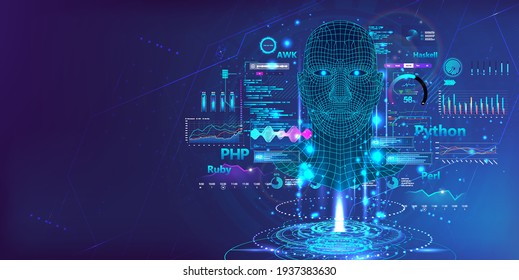 Various programming languages for creation and development Neural network with high-level artificial intelligence. Programming language web banner, concept AI. Deep machine learning. Vector AI