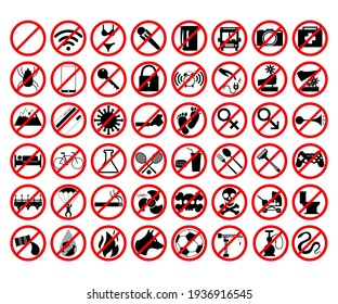 Various prohibition signs red on white background, vector illustration