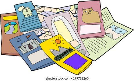 Various promotional brochures and maps over isolated background