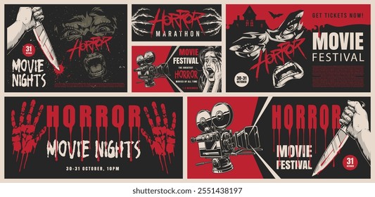 Vários projetos promocionais para um festival de filmes de terror com gráficos atraentes e temas emocionantes para atrair o público.