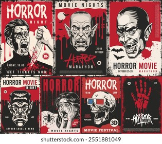 Vários cartazes promocionais destacam uma maratona de filmes de terror. Os projetos apresentam temas icônicos de terror e convocam para a compra de ingressos para o evento.