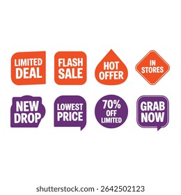 Various promotional sale and discount badges isolated on white background