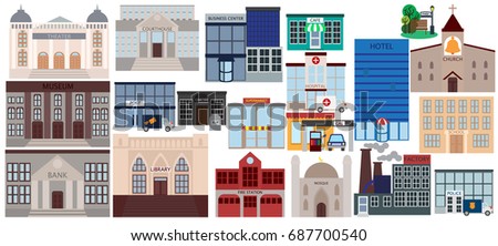 Various public buildings elements collection, flat icons set, Colorful symbols pack contains - courthouse, home, museum, hospital, hotel, opera, theater. Vector illustration. Flat style design
