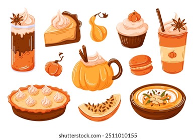 Varios postres de calabaza y bebidas set pie, cupcakes, café con leche, macarrones, sopa. Perfecto para el diseño de otoño o Halloween con tonos cálidos naranjas. Estilo de dibujos animados. Ilustración vectorial aislada en un blanco.