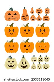 Various pumpkins with expressive faces. Autumn, Thanksgiving, Harvesting. Flat illustration set