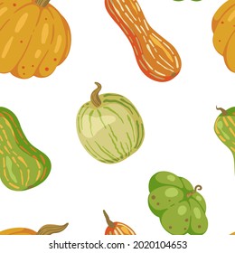 Diversas calabazas, vectores de cosecha de caída sin fisuras. Ornamento de la temporada de otoño. Estilo de caricatura simple. Resumen с diseño de color para impresión, envoltura, fondo, papel pintado, textil, tela, decoración, postal.