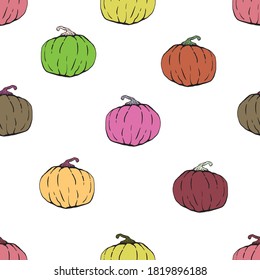 Various pumpkins. Festive background. Vector seamless pattern.